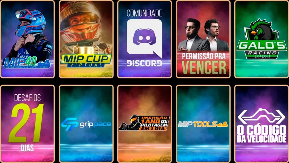 Cursos e comunidades do Vitor Genz: MIP 4.0, MIP Cup, Discord, Permissão pra Vencer, Galo's Racing Academy, Desafios 21 Dias, GripPace, Imersão 1 Ano de Pilotagem em 1 Dia, MIP Tools e O Código da Velocidade